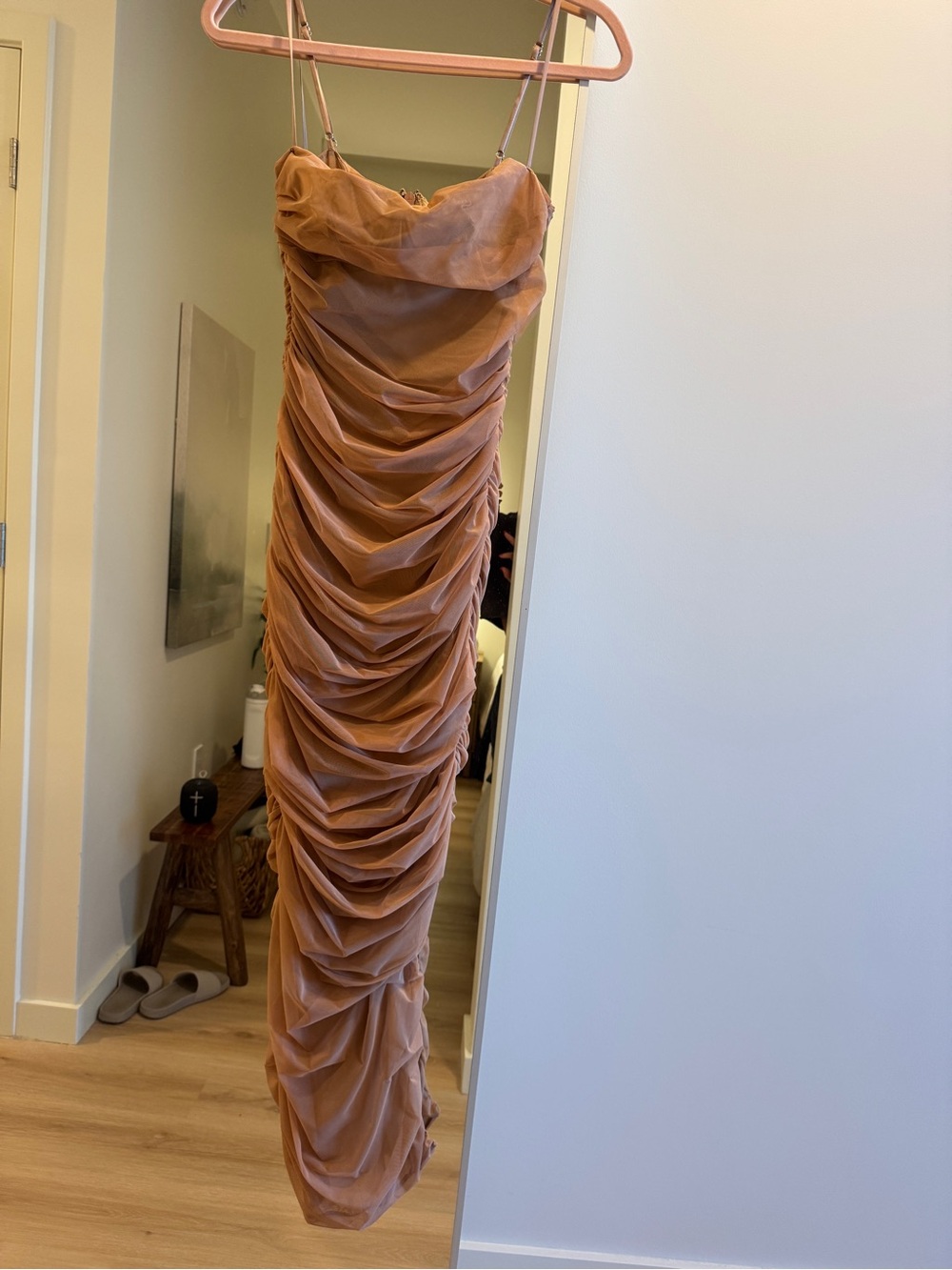 House of CB Ruched Spaghetti Strap Nude Dress